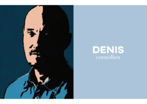 Double page du livre "Sur le pont" consacrée à Denis Lavalou, comédien : portrait illustré et début de chapitre