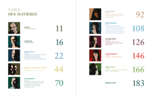 Table des matières du livre "Sur le pont" listant les portraits des intervenants et leurs numéros de page