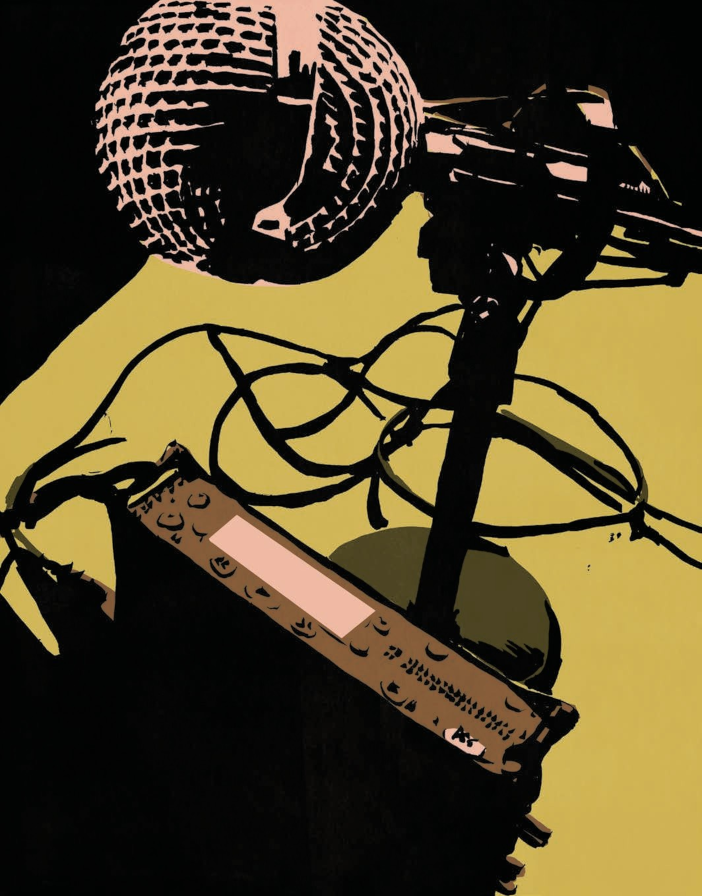 Illustration d'un microphone et d'un enregistreur par Fred Guillaume, dessin stylisé sur fond noir et jaune