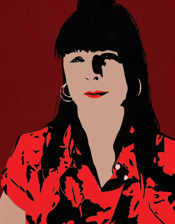 Illustration de Virginie Rebetez par Fred Guillaume, portrait stylisé en aplats de noir et rouge sur fond bordeaux